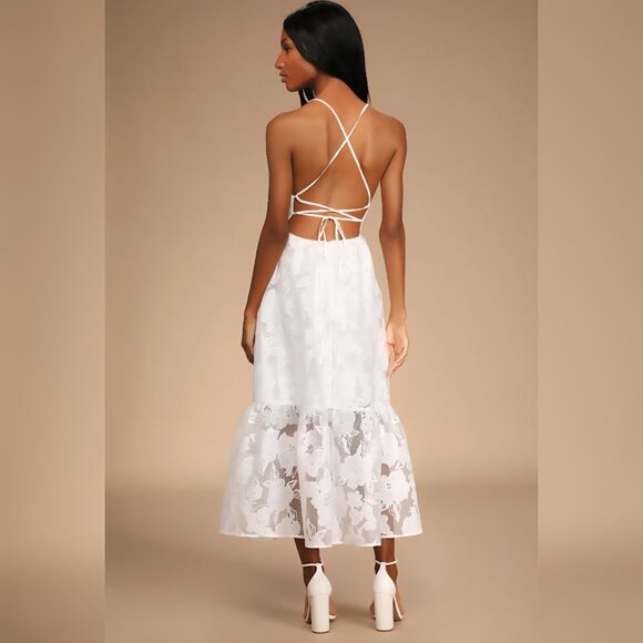 Lulus - S Feeling Like Forever White Jacquard Organza Lace-Up Midi Dress *Read* - Picture 3 of 8